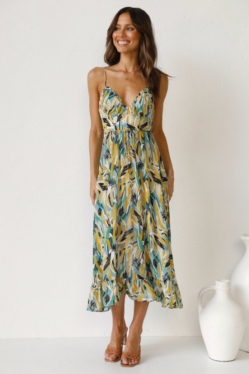 Dress for Women – Midi Length – Light Chiffon – Spaghetti Straps – Ruffle Hem – V-Neck