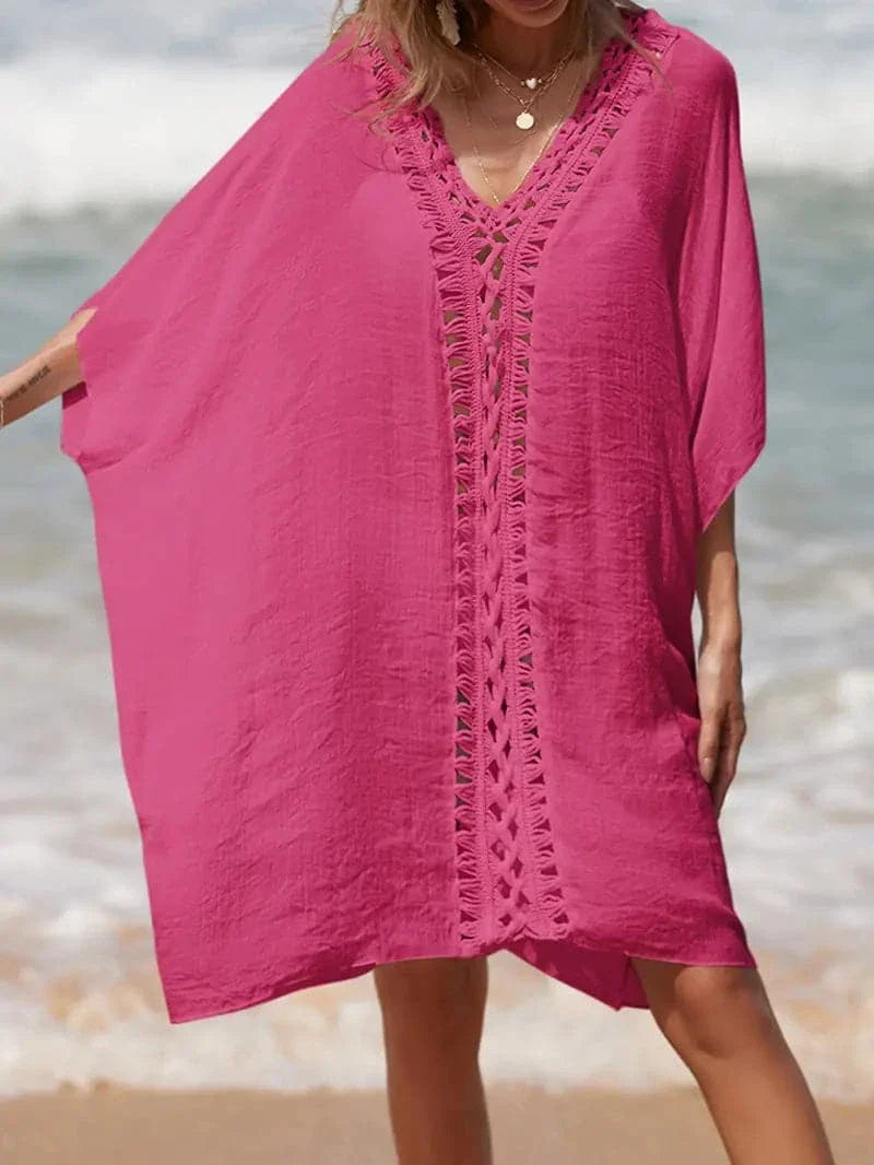 Women's Beach Kimono - Light and Airy - V-Neck with Lace Details - Short Sleeves