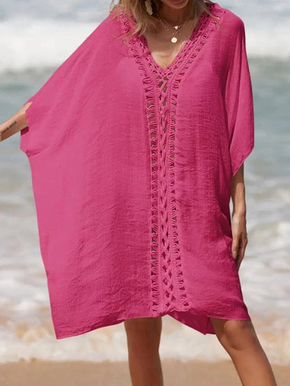 Women's Beach Kimono - Light and Airy - V-Neck with Lace Details - Short Sleeves