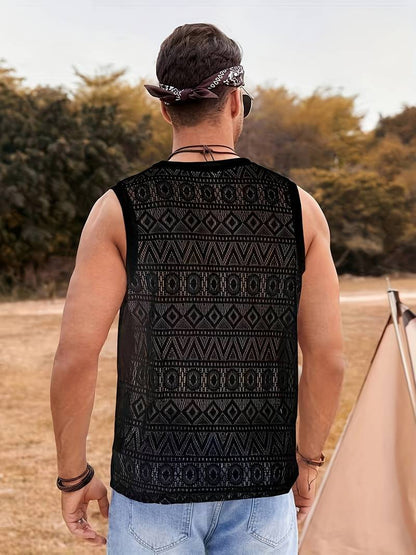 Men's Tank Top - Breathable Crochet Design - Geometric Pattern - Crew Neck