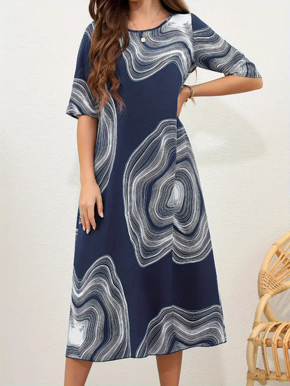 Women's Dress - Midi Length - A-Line Fit - Round Neck - Abstract Pattern