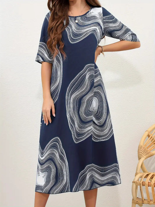 Women's Dress - Midi Length - A-Line Fit - Round Neck - Abstract Pattern