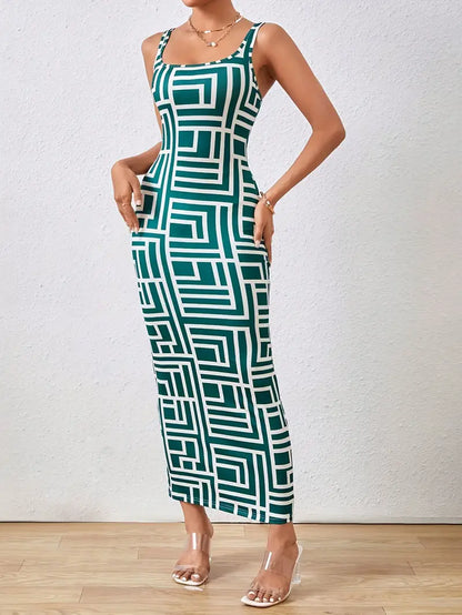 Women's Bodycon Dress - Midi Length - Geometric Pattern - Square Neckline - Thin Straps