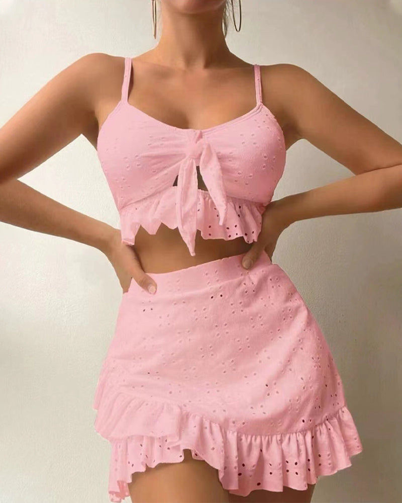 Women's Bikini Set – Slim Fit – Tie Top – Embroidery – Ruched Skirt