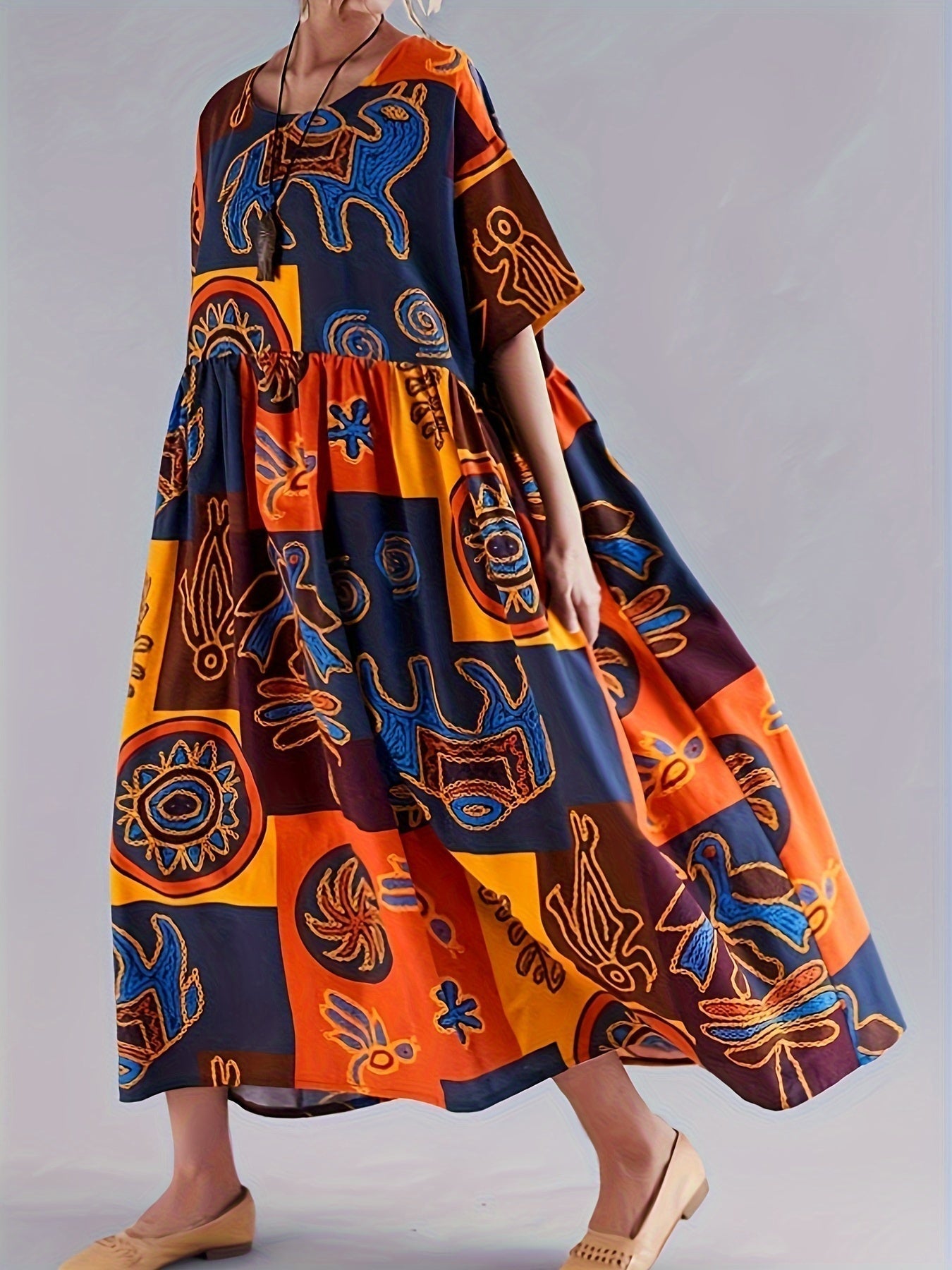 Women's Caftan Dress - Loose Fit - V-Neck - Short Sleeves - Light and Breathable