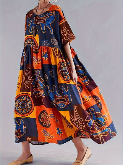 Women's Caftan Dress - Loose Fit - V-Neck - Short Sleeves - Light and Breathable