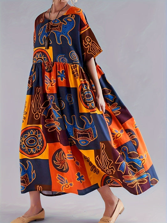 Women's Caftan Dress - Loose Fit - V-Neck - Short Sleeves - Light and Breathable