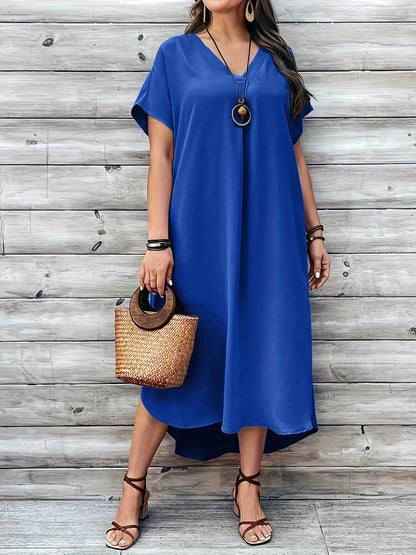 Women's Dress - Loose Fit - V-neck - Short Sleeves - Asymmetric Hem - Light and Airy