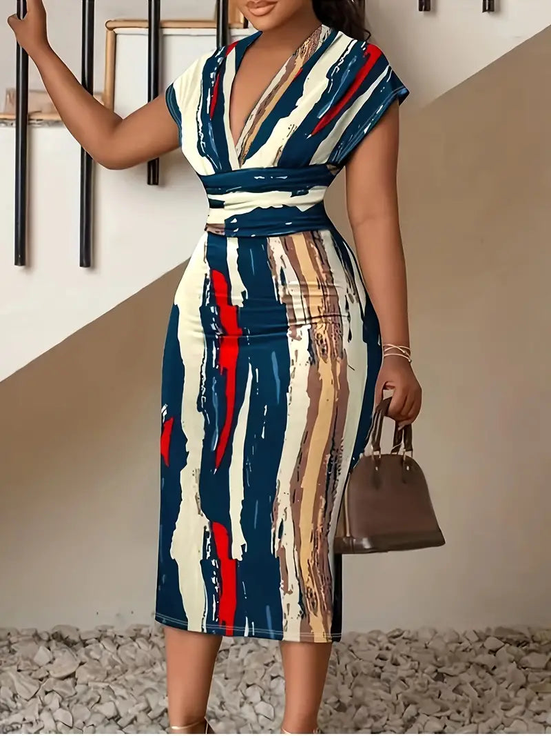 Women Bodycon Dress - Midi Length - V-Neck - Patchwork Design - Short Sleeves
