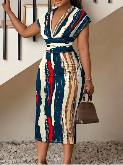 Women Bodycon Dress - Midi Length - V-Neck - Patchwork Design - Short Sleeves