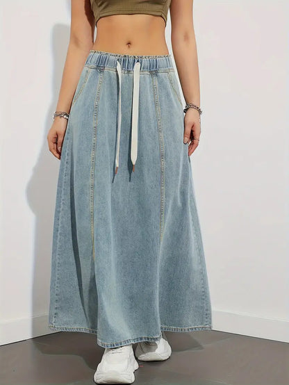 Women's Maxi Skirt - Denim - Elastic Waist with Drawstring - A-Line - Casual Look