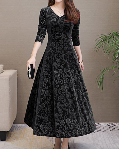 Women's Party Dress - Elegant Jacquard Design - V-neck - Fitted Waist - Midi Length