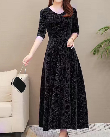 Women's Party Dress - Elegant Jacquard Design - V-neck - Fitted Waist - Midi Length