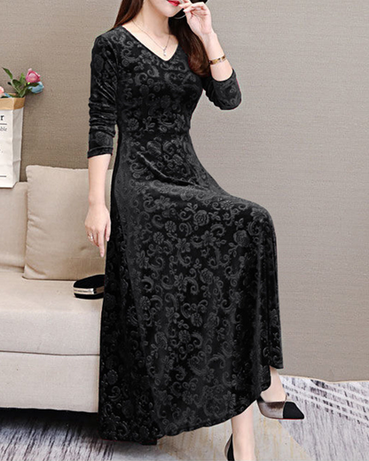 Women's Party Dress - Elegant Jacquard Design - V-neck - Fitted Waist - Midi Length