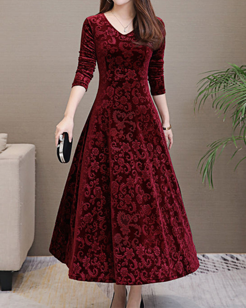 Women's Party Dress - Elegant Jacquard Design - V-neck - Fitted Waist - Midi Length