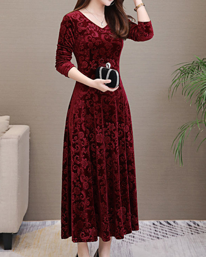 Women's Party Dress - Elegant Jacquard Design - V-neck - Fitted Waist - Midi Length
