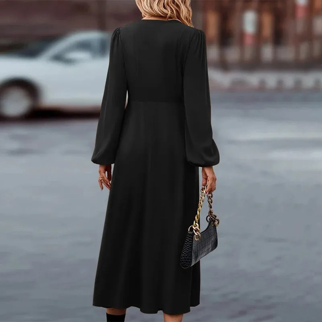 Women's Maxi Dress - V-Neck - Long Sleeves - Button Details - Elegant and Flowy Fit