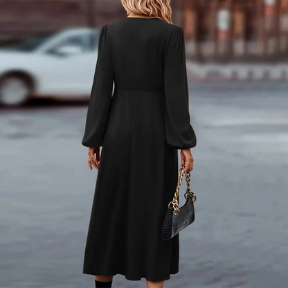 Women's Maxi Dress - V-Neck - Long Sleeves - Button Details - Elegant and Flowy Fit