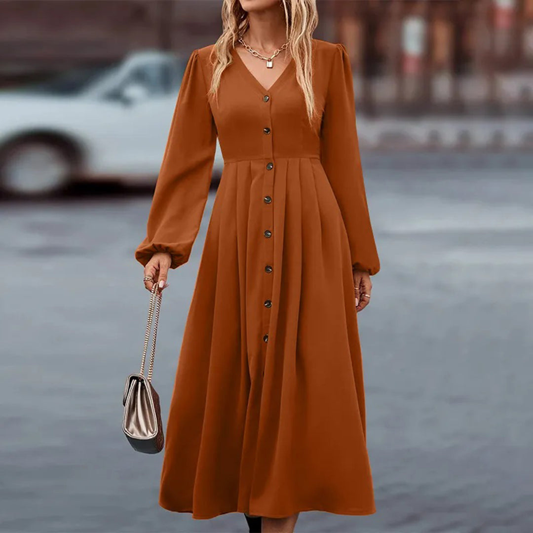Women's Maxi Dress - V-Neck - Long Sleeves - Button Details - Elegant and Flowy Fit