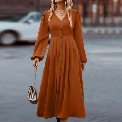 Women's Maxi Dress - V-Neck - Long Sleeves - Button Details - Elegant and Flowy Fit
