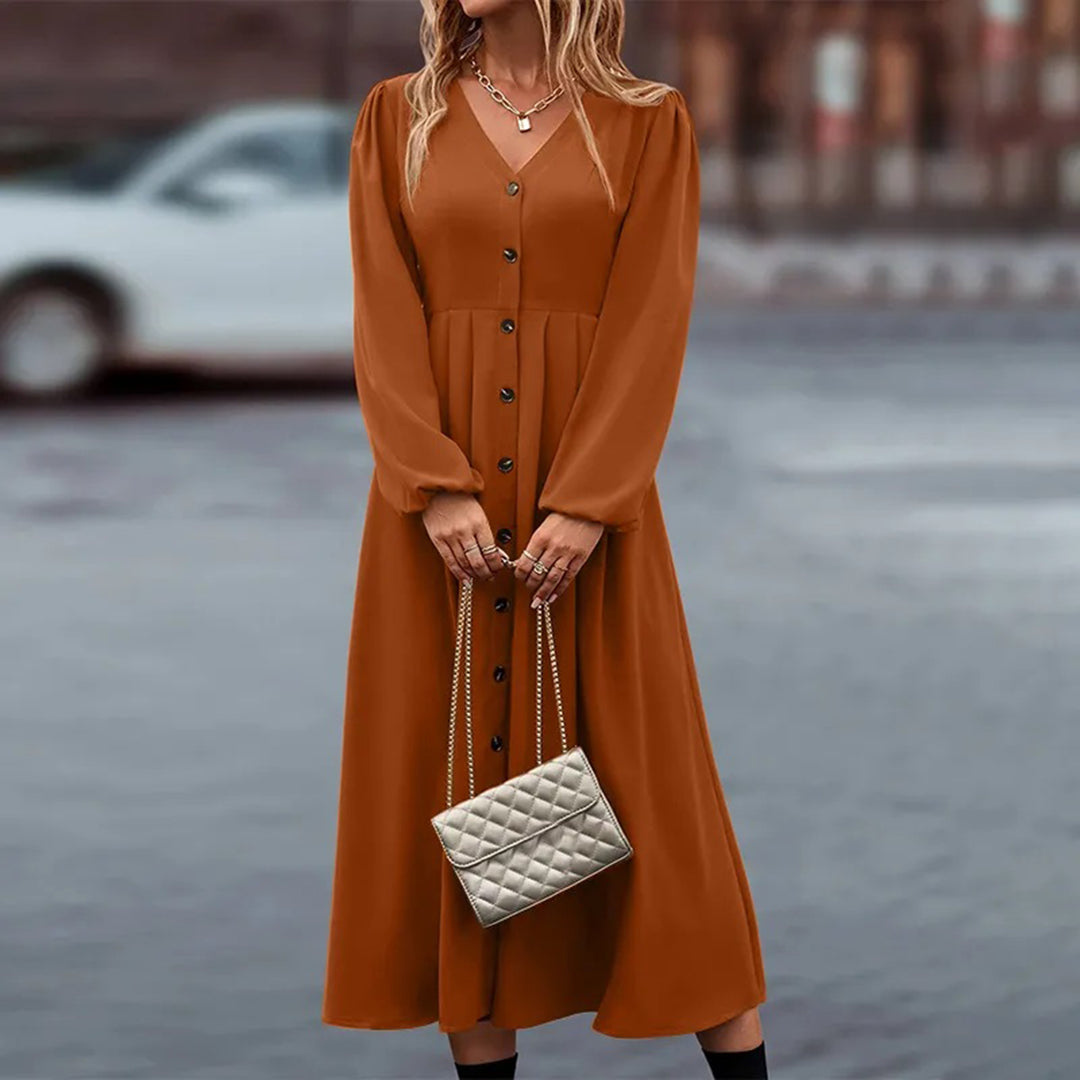 Women's Maxi Dress - V-Neck - Long Sleeves - Button Details - Elegant and Flowy Fit