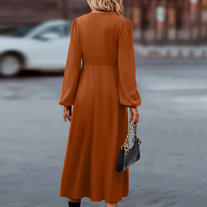 Women's Maxi Dress - V-Neck - Long Sleeves - Button Details - Elegant and Flowy Fit