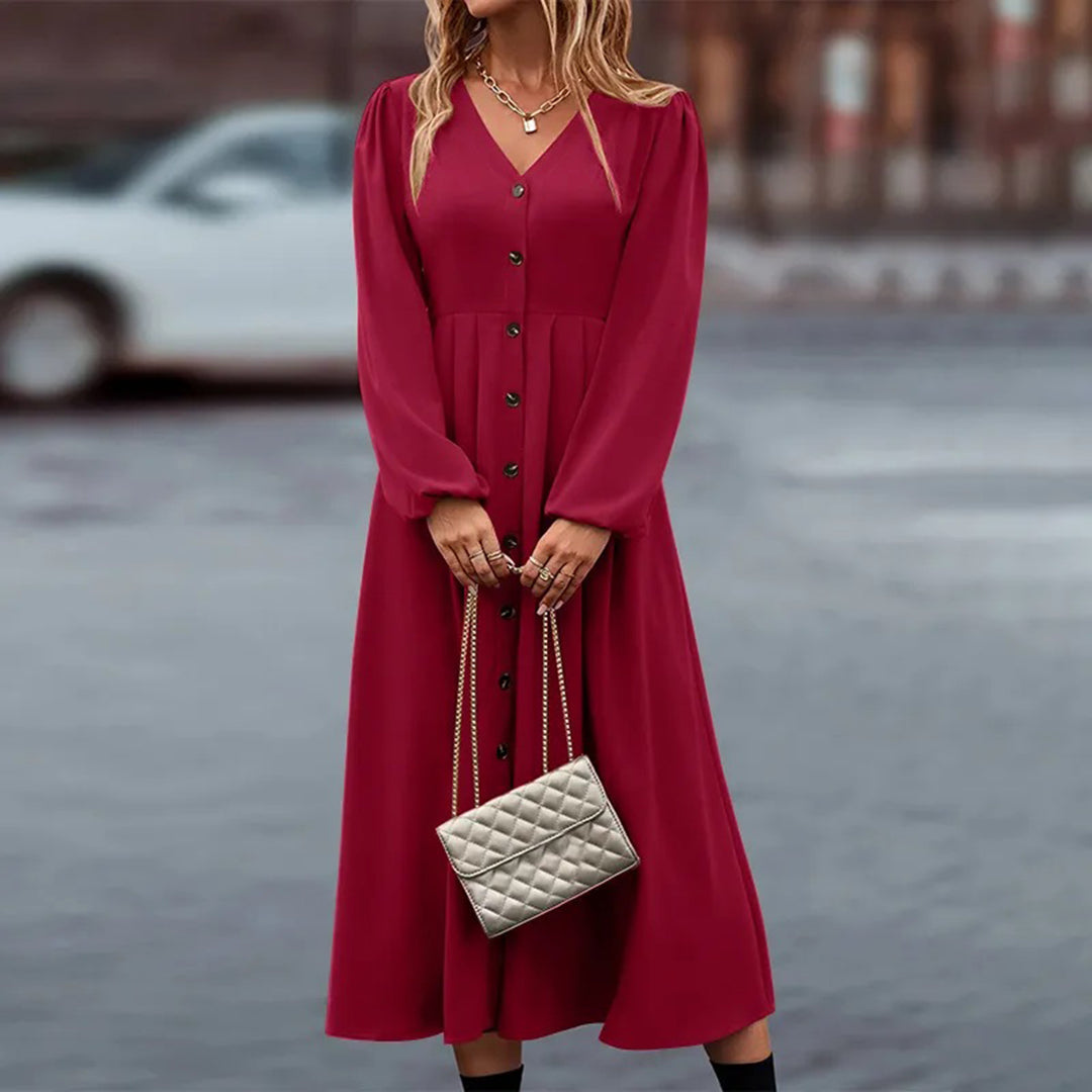 Women's Maxi Dress - V-Neck - Long Sleeves - Button Details - Elegant and Flowy Fit