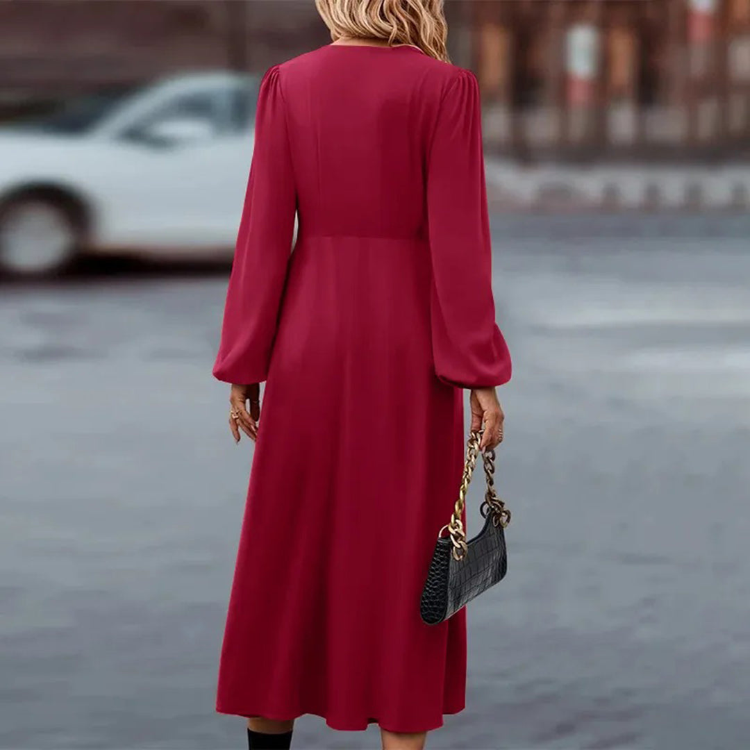 Women's Maxi Dress - V-Neck - Long Sleeves - Button Details - Elegant and Flowy Fit