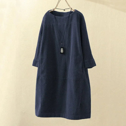 Women Corduroy Dress - Loose Fit - Three-Quarter Sleeves - Soft and Comfortable