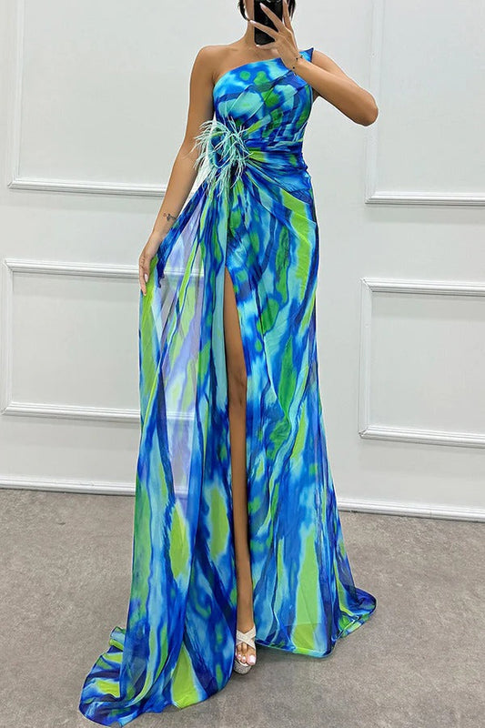 Women's Maxi Dress – Asymmetric Cut – Draped Waist – Slit – Luxury Fabric