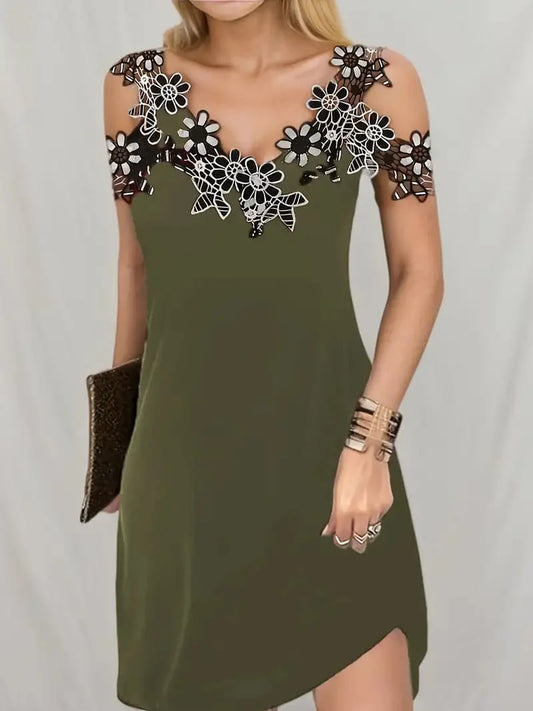 Women's Dress - V-neck with Lace - Sleeveless - Tailored - Short Elegant Cut