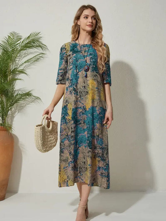 Women's Midi Dress - Relaxed Fit - Lightweight Fabric - Half-Length Sleeves - Elegant Print