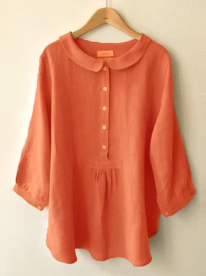 Women's Blouse - Loose Fit - Peter Pan Collar - Button Closure - 3/4 Sleeves