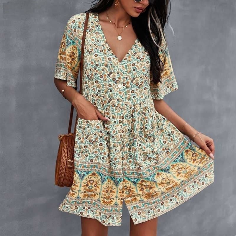 Women's Dress - Bohemian Style - V-neck Short-sleeved - Light and Airy With Print