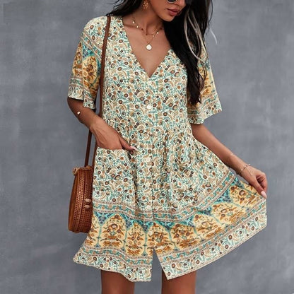 Women's Dress - Bohemian Style - V-neck Short-sleeved - Light and Airy With Print