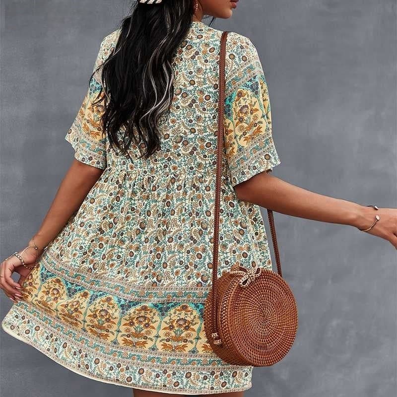 Women's Dress - Bohemian Style - V-neck Short-sleeved - Light and Airy With Print