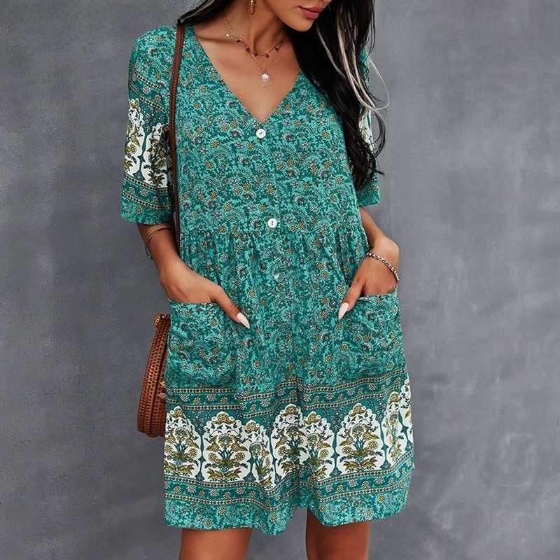 Women's Dress - Bohemian Style - V-neck Short-sleeved - Light and Airy With Print