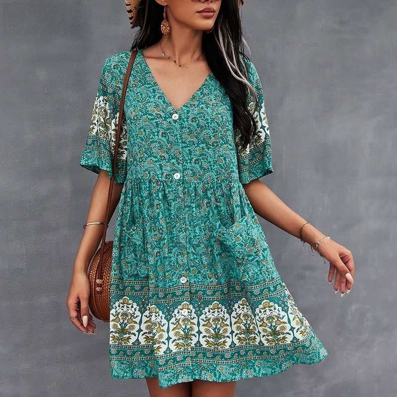 Women's Dress - Bohemian Style - V-neck Short-sleeved - Light and Airy With Print
