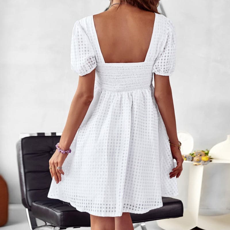 Women's Dress - A-line Fit - Square Neckline - Short Puff Sleeves - Broderie Anglaise