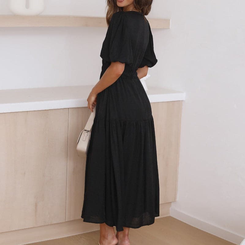 Women's Dress - Midi Length - V-Neck - Short Puff Sleeves - Fitted Waist - Light and Flowing