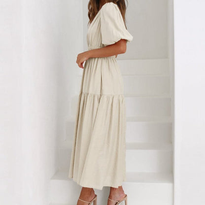 Women's Dress - Midi Length - V-Neck - Short Puff Sleeves - Fitted Waist - Light and Flowing