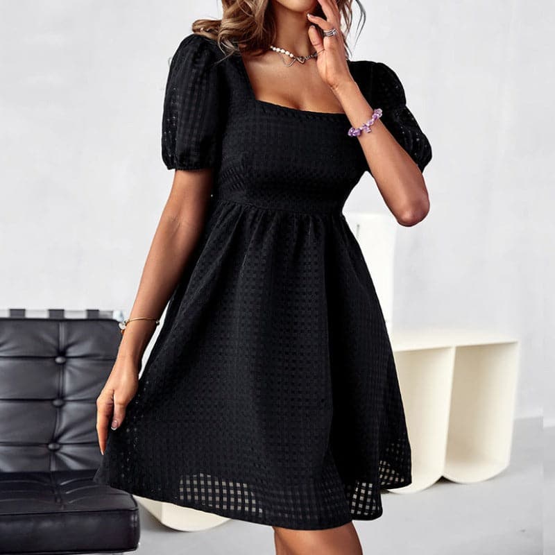 Women's Dress - A-line Fit - Square Neckline - Short Puff Sleeves - Broderie Anglaise