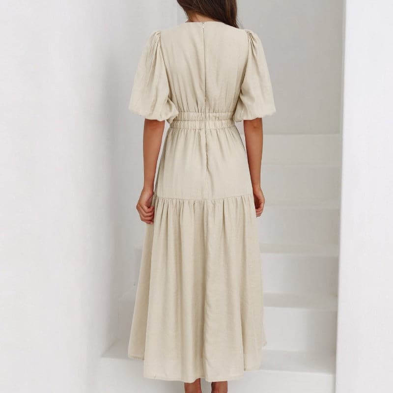 Women's Dress - Midi Length - V-Neck - Short Puff Sleeves - Fitted Waist - Light and Flowing