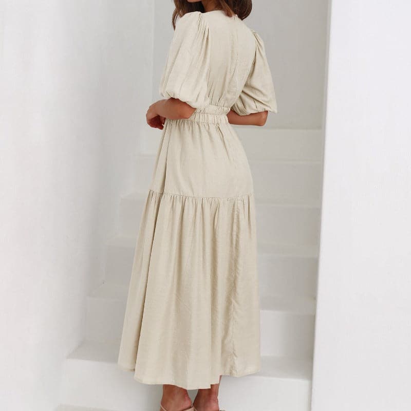 Women's Dress - Midi Length - V-Neck - Short Puff Sleeves - Fitted Waist - Light and Flowing