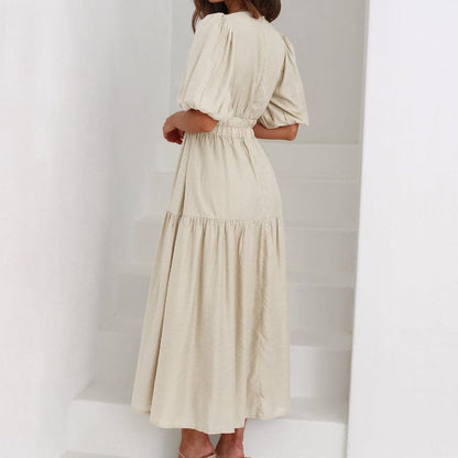 Women's Dress - Midi Length - V-Neck - Short Puff Sleeves - Fitted Waist - Light and Flowing