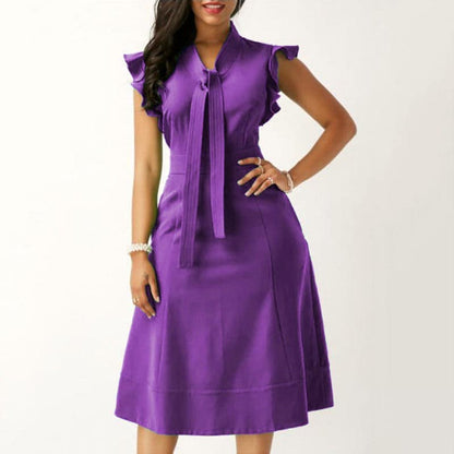 Women's Dress - A-line Fit - V-neck with Bow Detail - Short Ruffle Sleeves - Knee Length