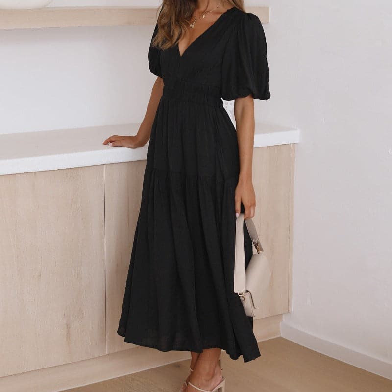 Women's Dress - Midi Length - V-Neck - Short Puff Sleeves - Fitted Waist - Light and Flowing