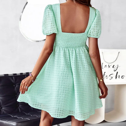 Women's Dress - A-line Fit - Square Neckline - Short Puff Sleeves - Broderie Anglaise