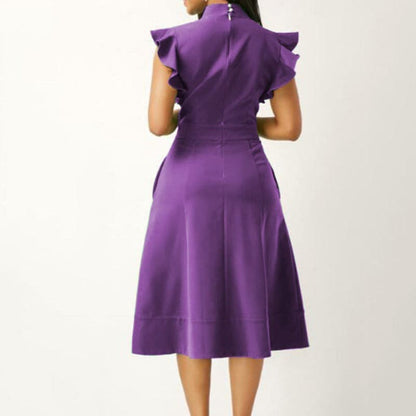 Women's Dress - A-line Fit - V-neck with Bow Detail - Short Ruffle Sleeves - Knee Length