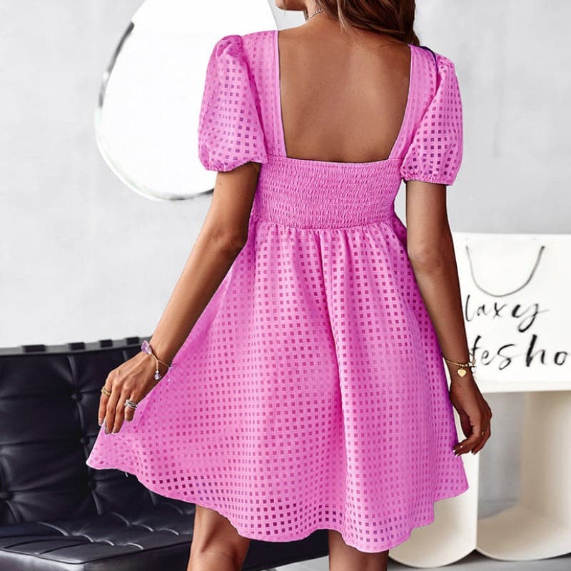 Women's Dress - A-line Fit - Square Neckline - Short Puff Sleeves - Broderie Anglaise